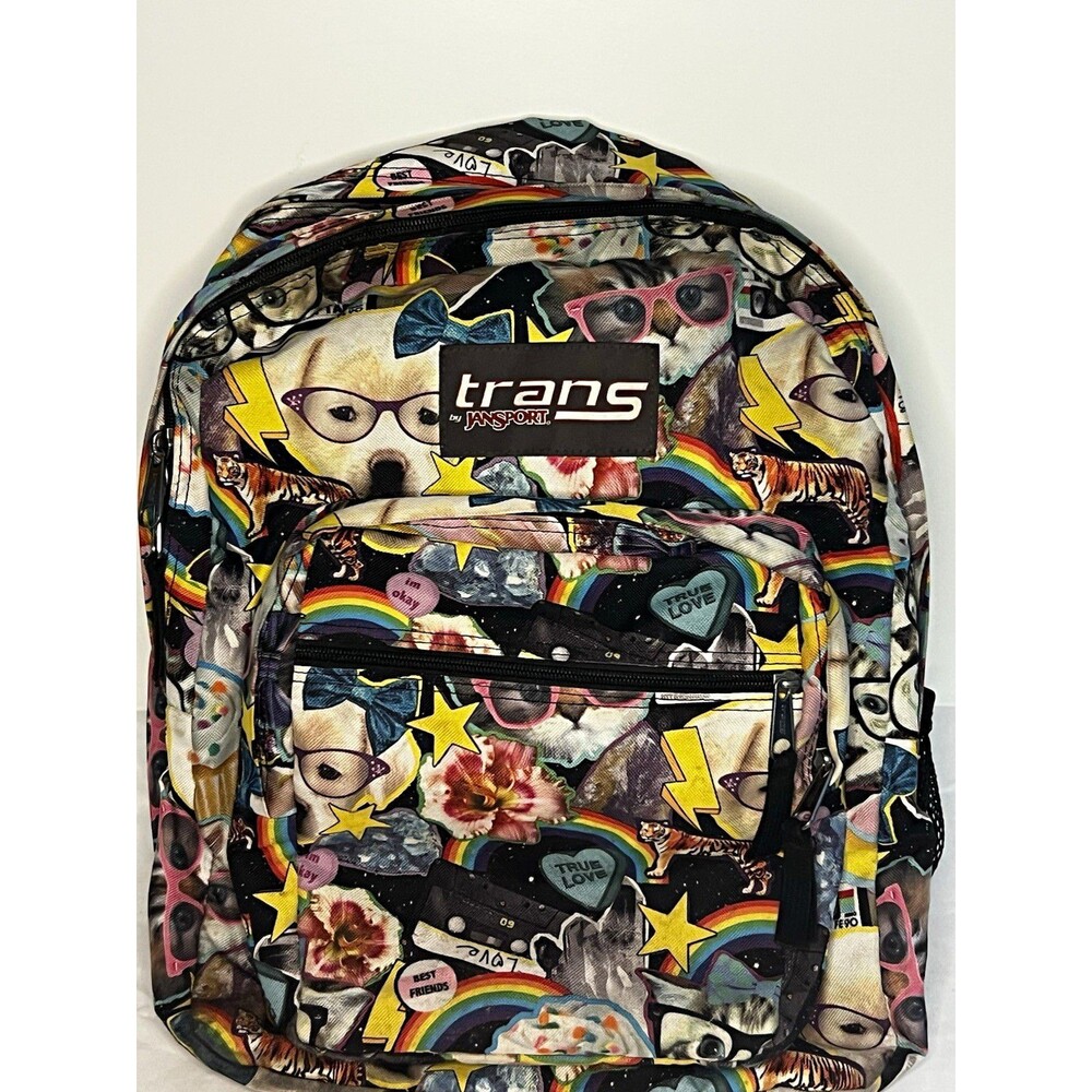 JanSport Trans Multi Hairball Backpack Rare Y2K Cat Dog Rainbow Cupcake HTF